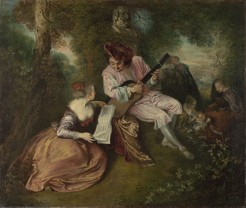 Painting by Watteau of a rural scene with dancing and music